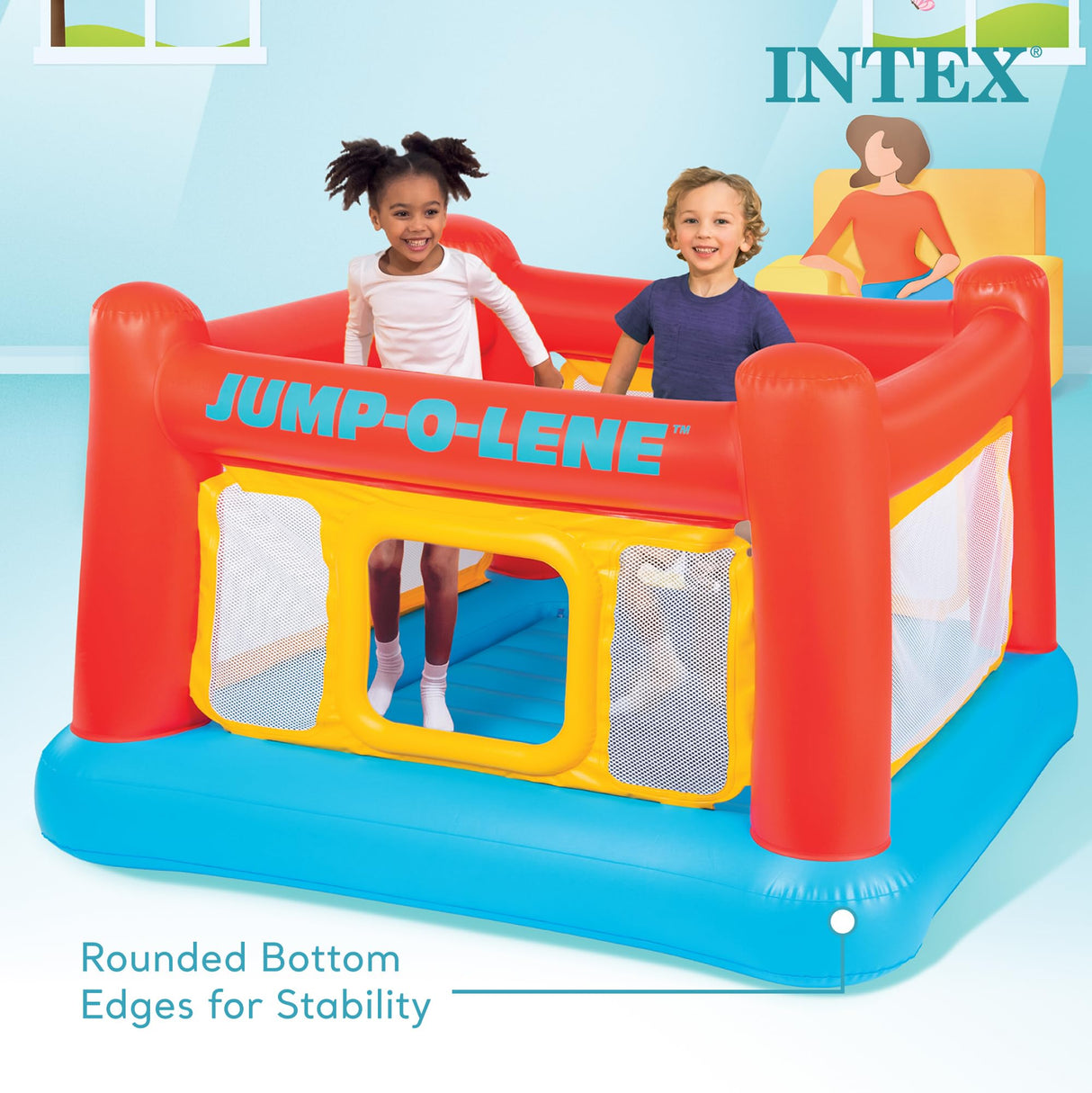 Intex Inflatable Jump-O-Lene Trampoline Bounce House with Crawl-Thru Door & Net - Indoor & Outdoor Backyard Blow-Up Bouncy Playhouse for Kids Ages 3-6 Intex