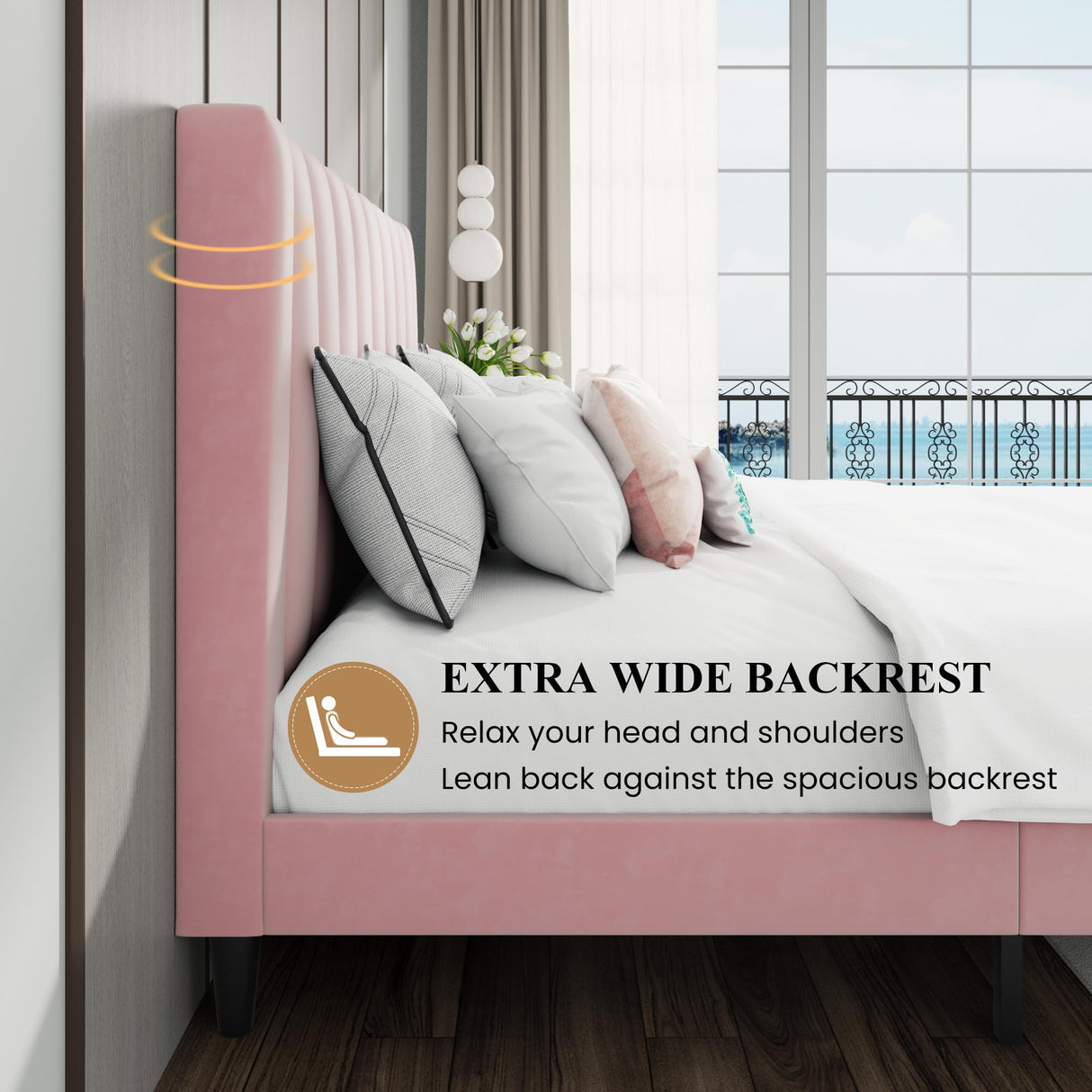 SHA CERLIN King Bed Frame/Velvet Upholstered Platform Bed Frame with Headboard/Strong Wood Slats Support/Mattress Foundation/No Box Spring Needed - Pink SHA CERLIN