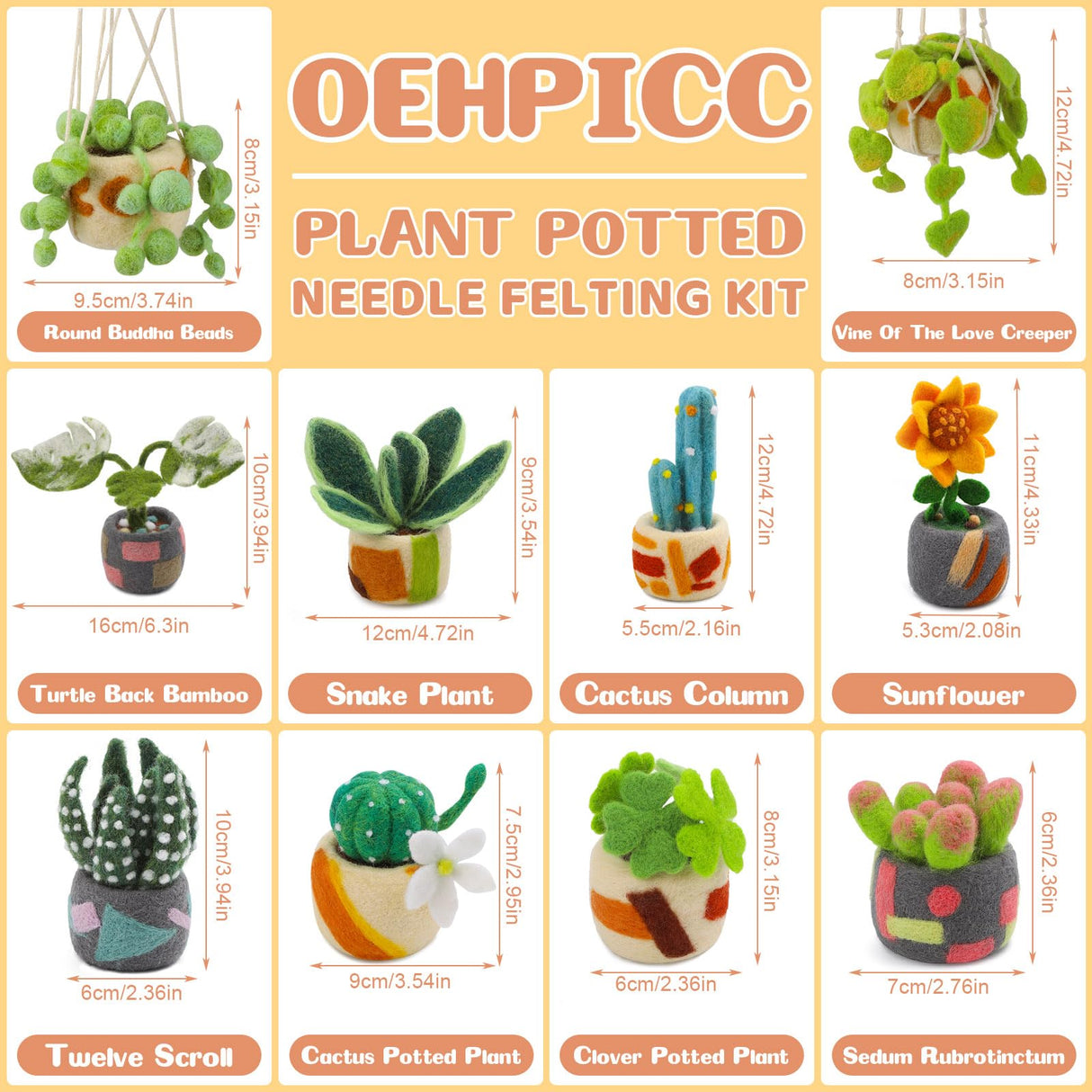 OEHPICC Needle Felting Kit - 10 Pack Plant Pot Needle Felting Starter Kit, Felting Kits with Basic Felt Tools, Clear Instructions for Beginner Adult Craft Kit, DIY Craft Plant Decor Present OEHPICC