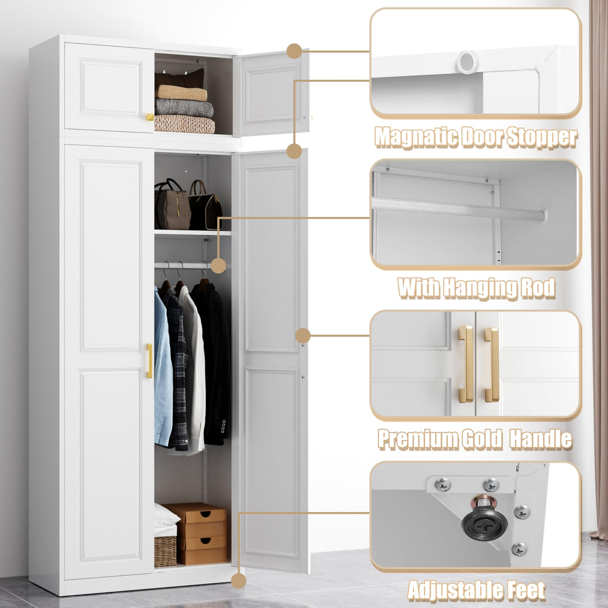 Metal Armoire Wardrobe Closet with Hanging Rod, 86" Tall Metal Clothing Storage Cabinet, White Armoire with Adjustable Shelves MetalMax