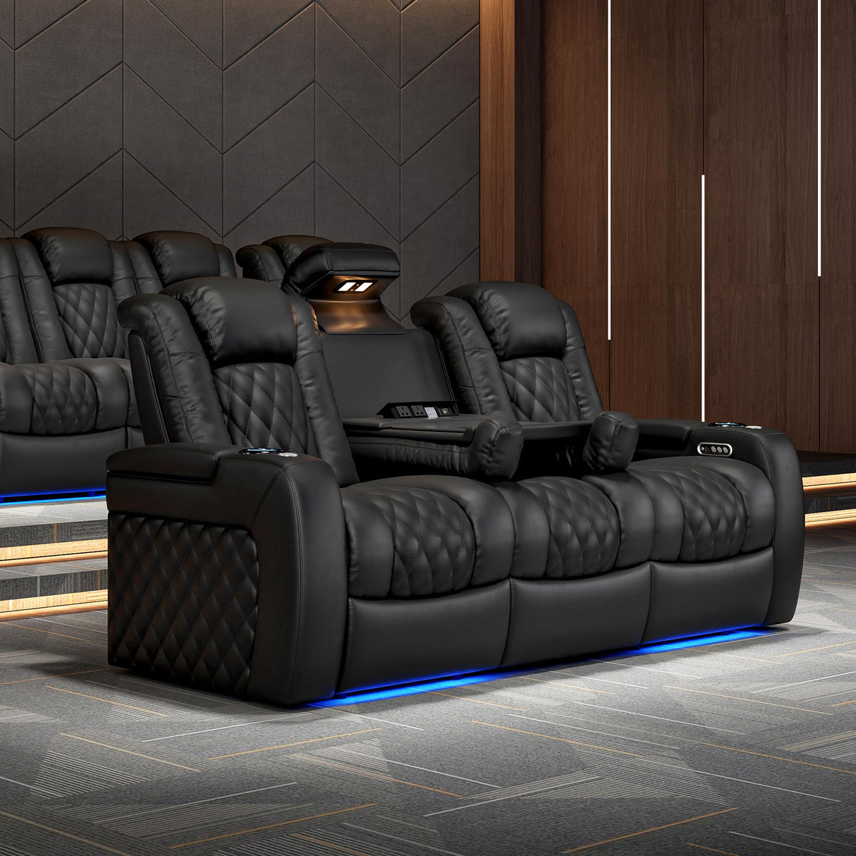 Valencia Home Theater Seating Tuscany 2025 3-Seat Power Recliner with Center Console - Top Grain Nappa 11000 Leather, Cool Gel Memory Foam, USB-C/A Charging, RGB Lights (Midnight Black) VALENCIA THEATER SEATING