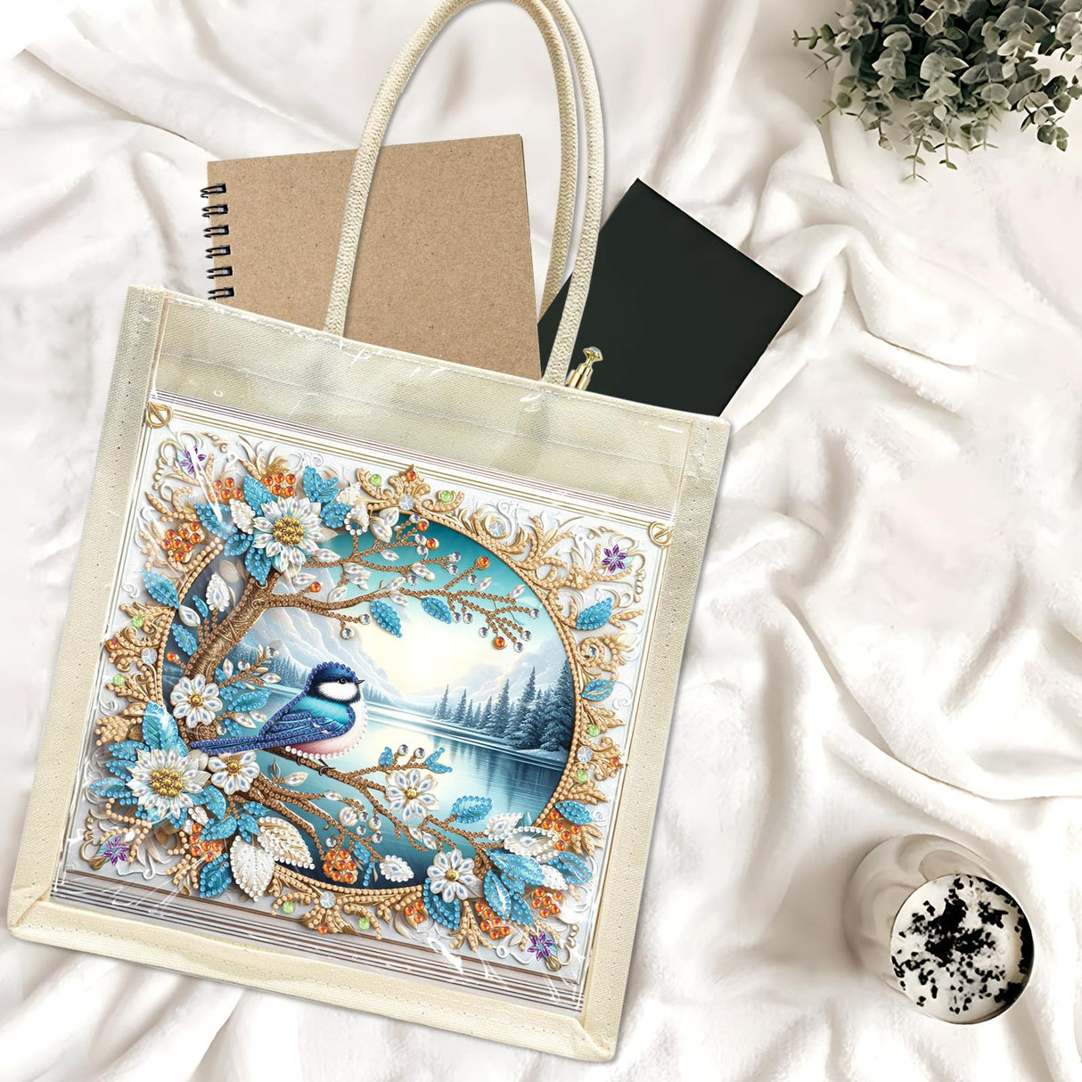 BAYUNOE Handbag Handmade Diamond Art Painting Purses Non-woven DIY Shoulder Grocery Bag Shopping Bag for Women Art Craft Gift-Lake BAYUNOE