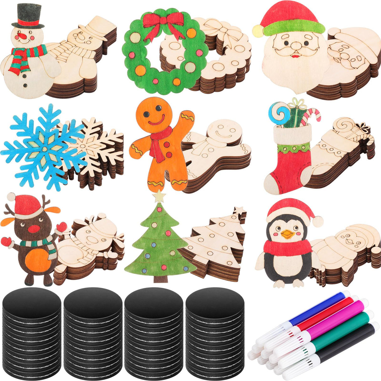 Blueweenly 84 Pcs DIY Wood Christmas Craft Magnets Set for Kids Christmas Day Craft Wooden Ornaments Unfinished Slices in 9 Styles Ornaments to Paint Crafts for Kids Blueweenly