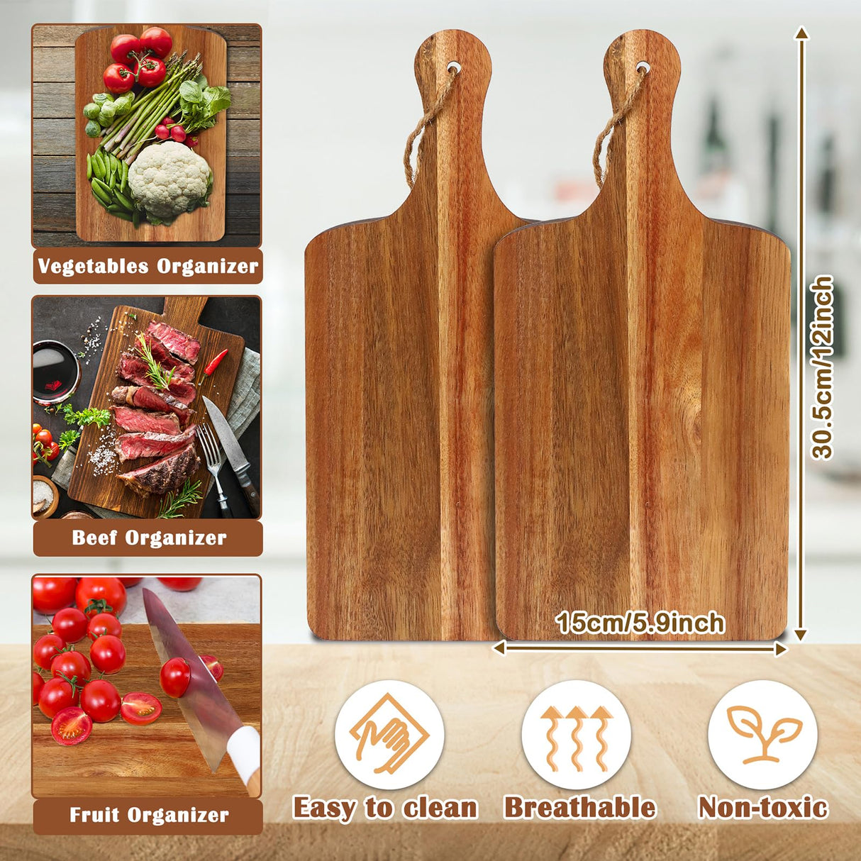 12 Packs Acacia Wood Cutting Board,12 x 6 Inch Plain Chopping Board with Handles Serving Board Wooden Kitchen Cutting Board Bulk with Rope and Plaid Ribbon for Vegetables Meat Pizza Cheese Fruit Bread Aweyka