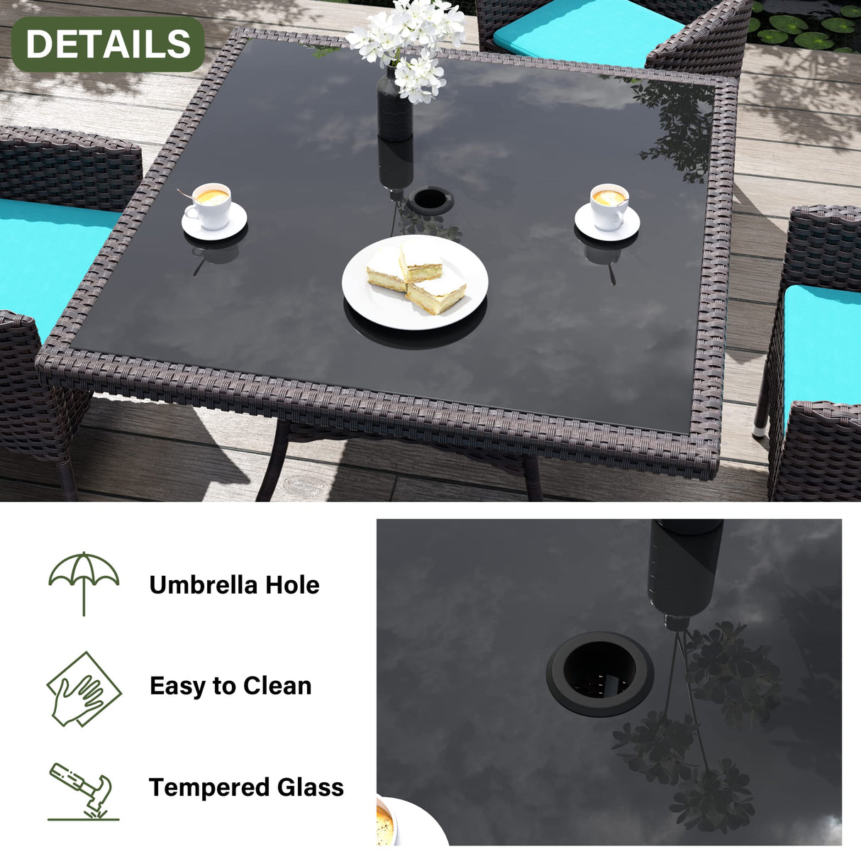 Kurapika 15-Piece Patio Furniture Outdoor Dining Set, Rattan Wicker Patio Dining Table and Chairs Set, Square Tempered Glass Tabletop with Umbrella Hole and 12 Chair Set, Blue Kurapika