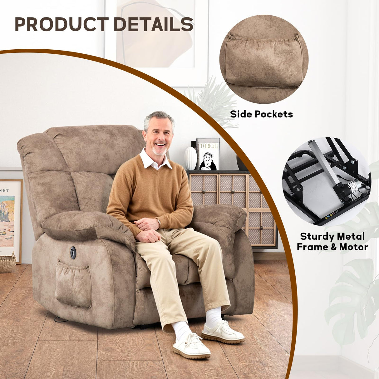 CANMOV Power Lift Recliner Chair for Elderly, Heavy Duty and Safety Motion Reclining Mechanism-Antiskid Fabric Sofa Living Room Chair with Overstuffed Design, Light Tan CANMOV