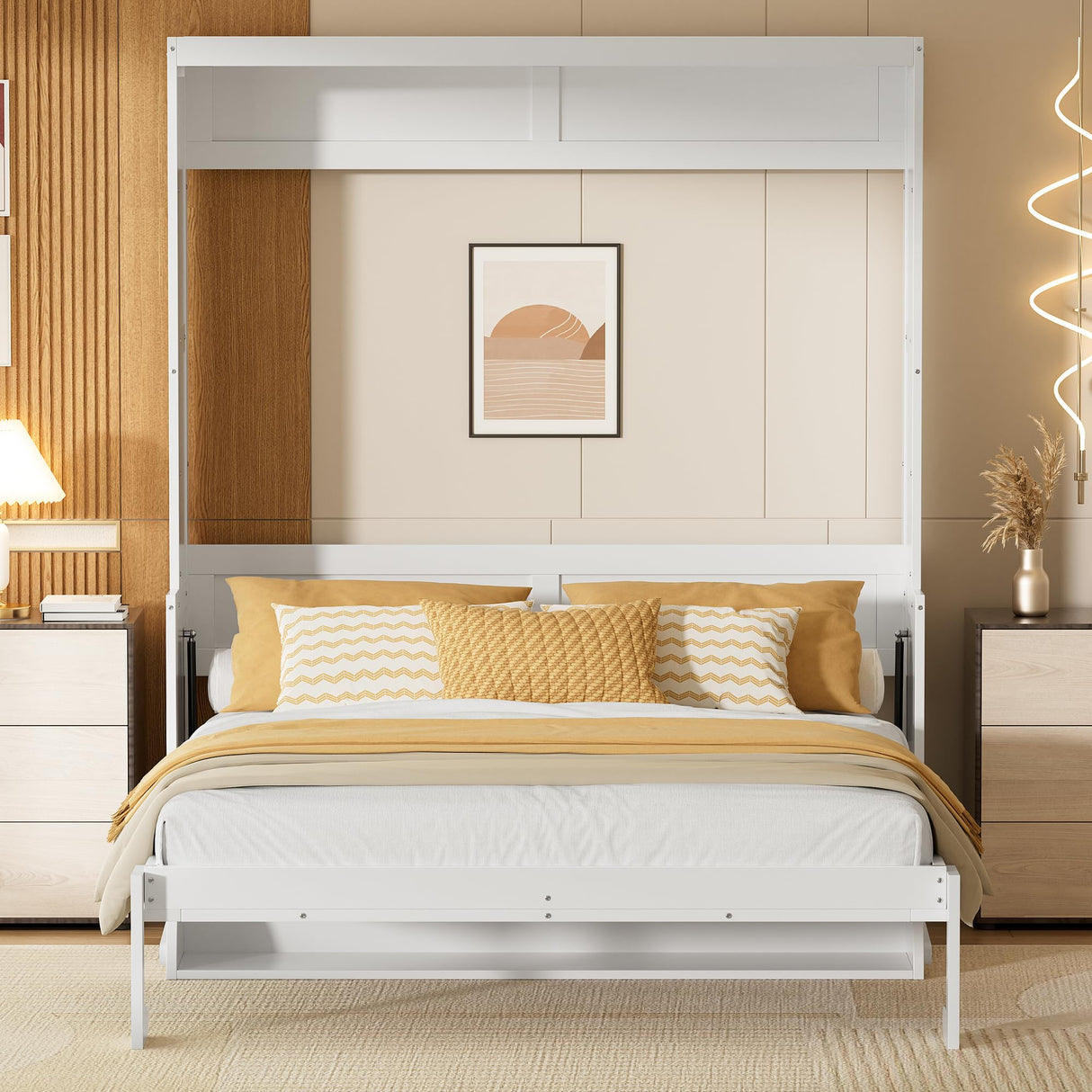 PVWIIK Queen Size Murphy Bed with Storage Shelf & Support Plate for Adult,Girls,Boys,Wood Hidden Wall Bed Cabinet,Space-Saving,No Box Spring Needed, White PVWIIK