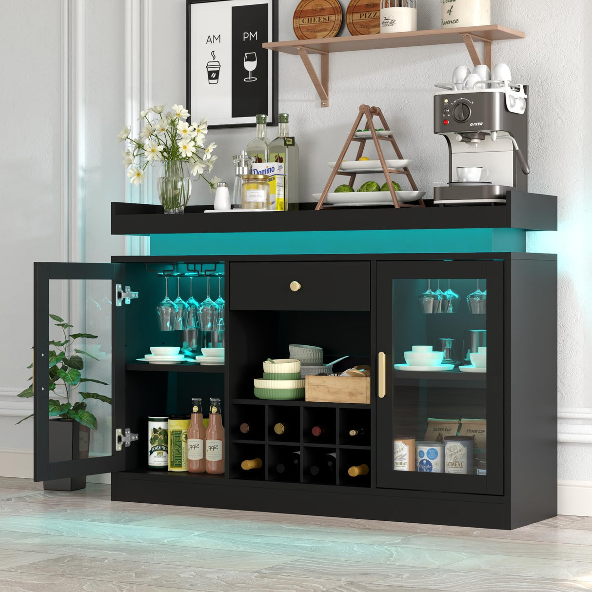 Wine Bar Cabinet with LED Light, Home Coffee Bar Cabinet with Wine and Glass Rack, Modern Sideboard Buffet w/ Storage Drawer & Shelves, Freestanding Liquor Cabinets for Living Room,Dining Room (Black) Auromie