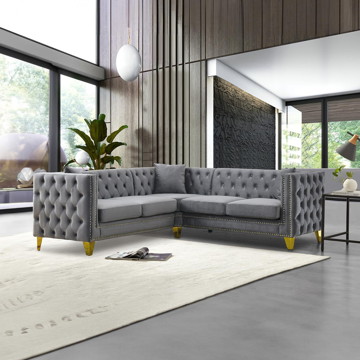 Velvet L Shaped Sofa Couch, Upholstered Sectional Couch with Tufted Back and Rivet Decoration, Modern 5 Seater Corner Sofa with Golden Tapered Legs and 3 Pillows, Comfy Couches for Living Room, Gray KINFFICT