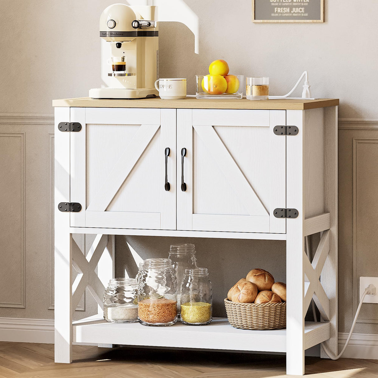 IRONCK Farmhouse Entryway Table Console Table with Power Outlet, Coffee Bar Cabinet, Sofa Table with Cabinet and Storage Shelf, for Hallway, Kitchen, Foyer, Living Room, White IRONCK