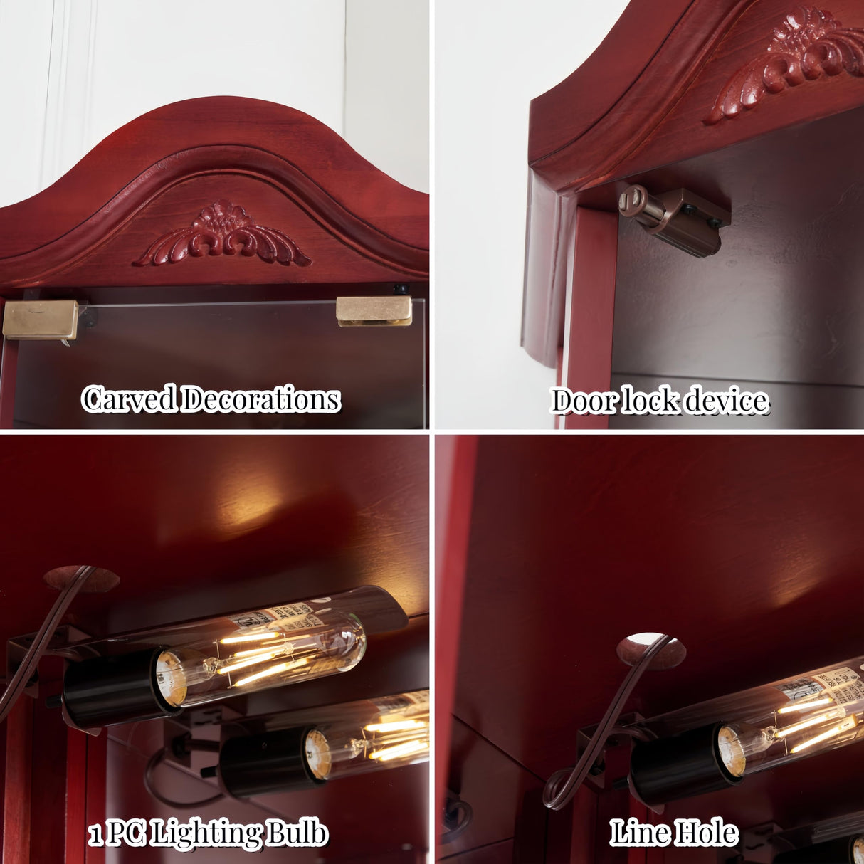 Lighted Corner Display Curio Cabinet Wooden Shelving Unit with Tempered Glass Door, Bar and Liquor Storage Area with 5 Shelves, Wine Cabinet with Curved Top Carving, Cherry CQSXDA