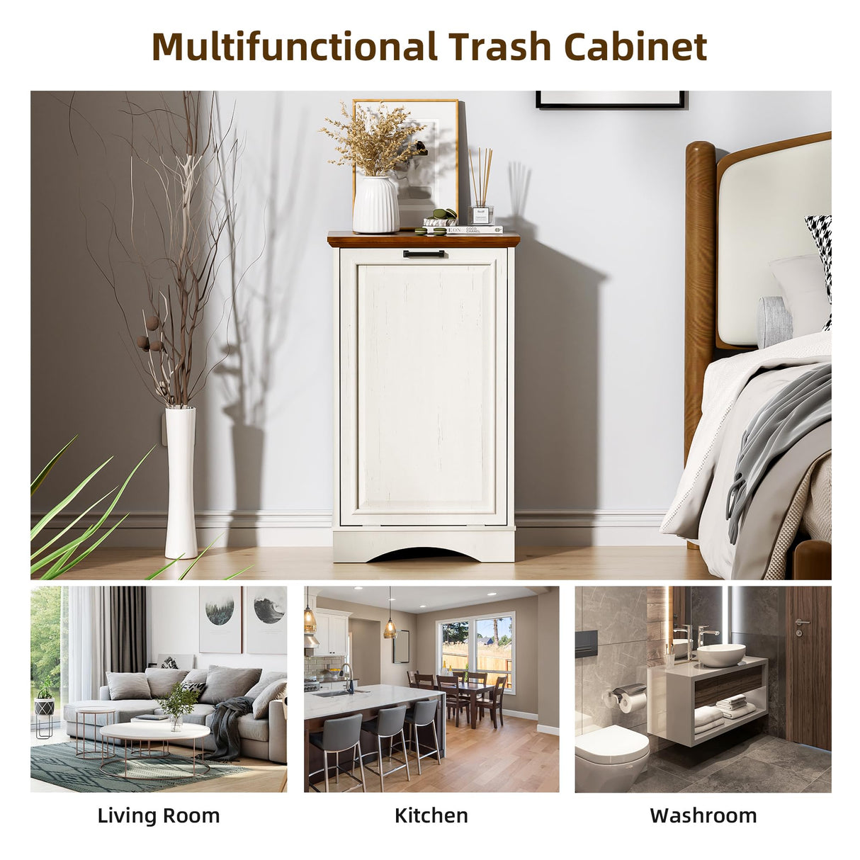 OUTGUAVA 13 Gallons Tilt Out Trash Cabinet Free Standing Kitchen Trash Bin Cabinet Recycling Garbage Cabinet with Deodorizing Function Pet Proof Trash Can Holder for Kitchen Living Room, Antique White OUTGUAVA