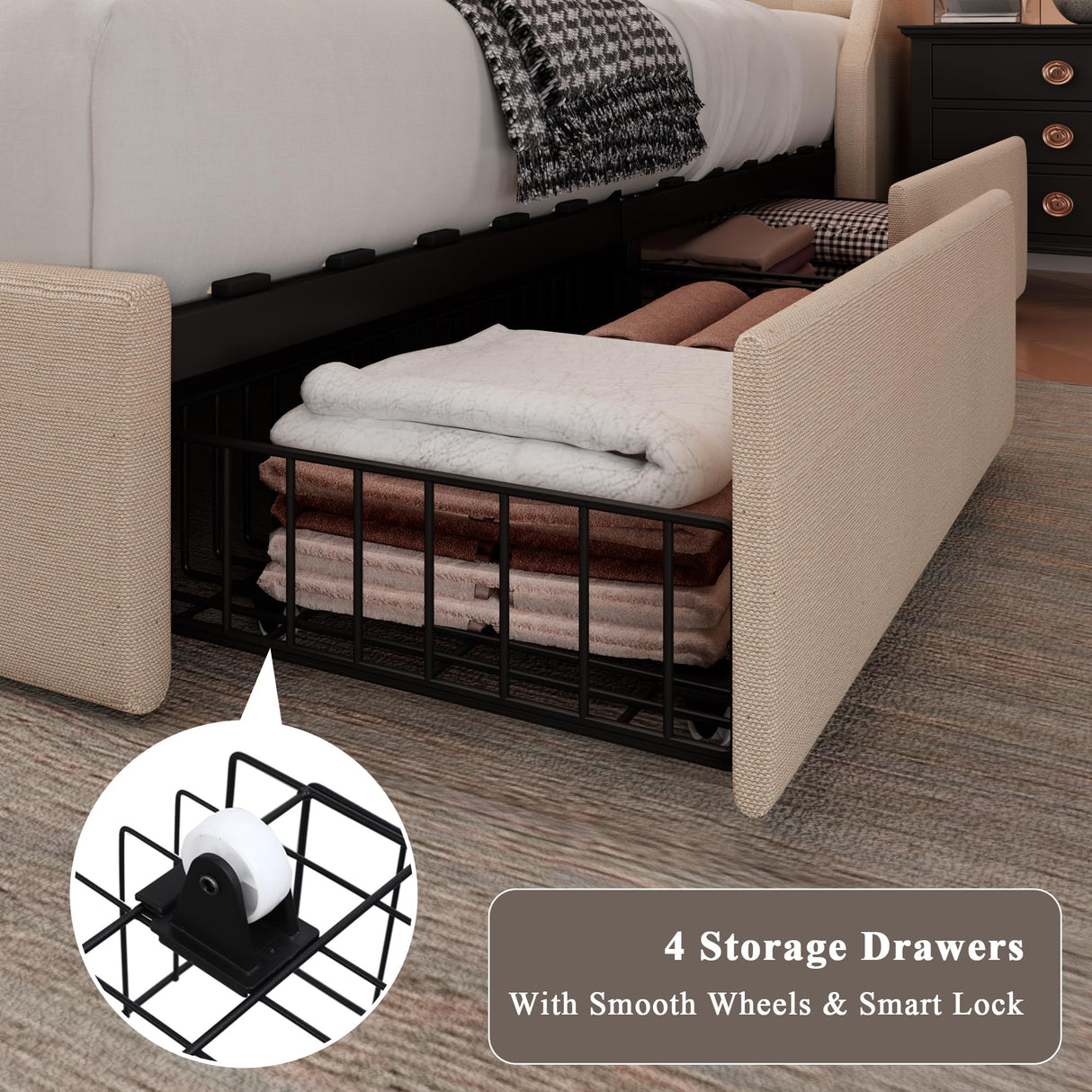 Feonase Upholstered Queen Bed Frame with 4 Storage Drawers, Charging Station and Tufted Wingback Storage Headboard, No Box Spring Needed, Easy Assembly, Beige Feonase