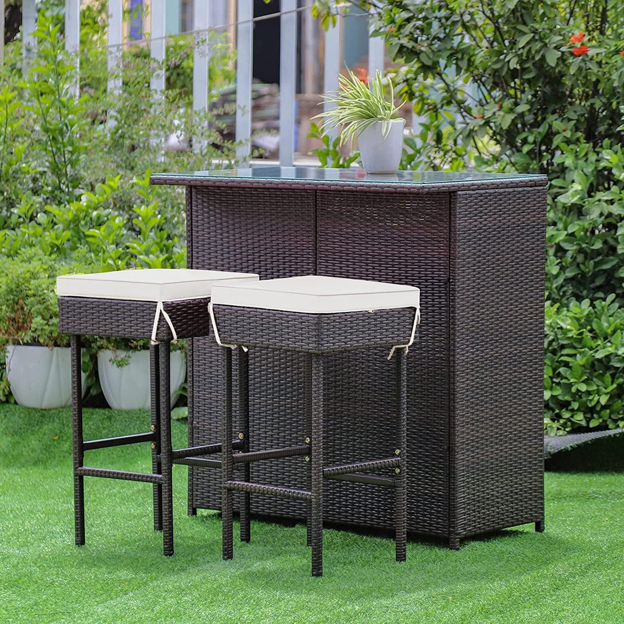 HAPPYGRILL 3PCS Patio Bar Set Rattan Wicker Bar Stools & Table with Cushions and Glass Table Top for Pool Garden Dining Set with Storage Shelves HAPPYGRILL
