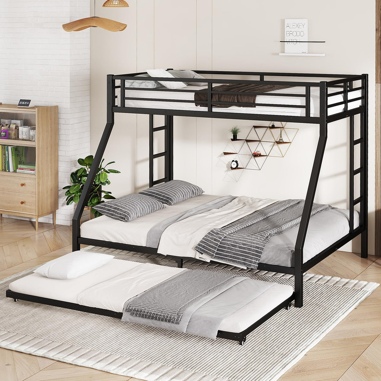 Bellemave Twin XL Over Queen Bunk Bed with Trundle, Metal Bunk Bed Frame with Ladder and Guardrail Bunk Beds for Kids, Boys, Girls, Teens, Space-Saving and Noise-Free, Black Bellemave