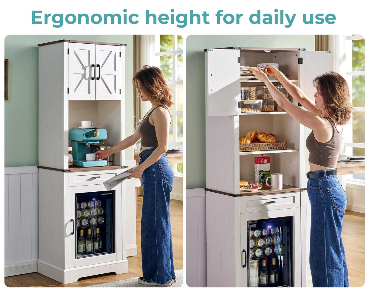 LUXOAK Bar Cabinet with Fridge (Included), 69" Farmhouse Wine Cabinet with Storage Drawers & Adjustable Shelves, Coffee Bar Cabinet for Home bar, Dining Room, Living Room LUXOAK