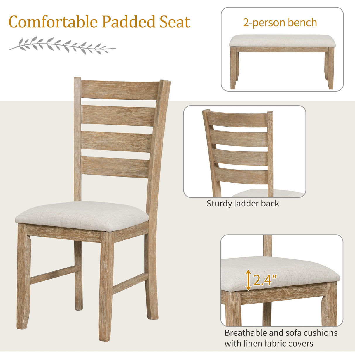 6-Piece Dining Table Set with Bench for 6 Rectangular Kitchen Table Set with 4 Chairs & Bench Retro Dining Room Table and Chairs for Kitchen, Dining Room (Natural) Bellemave