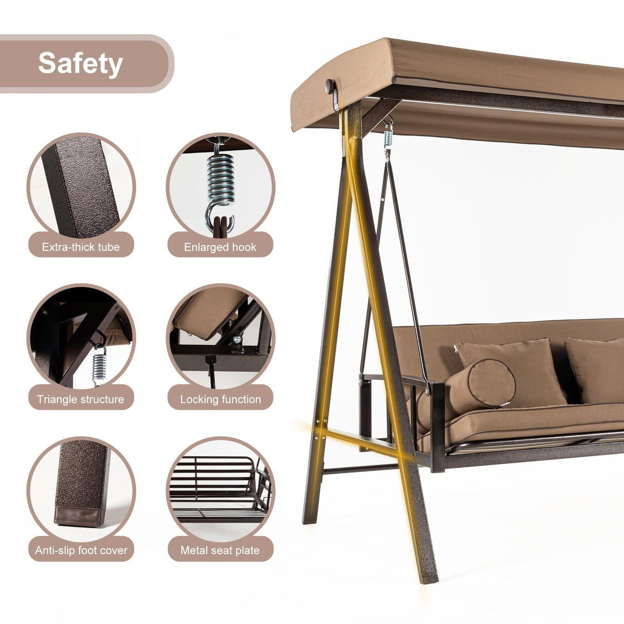 PURPLE LEAF Outdoor Patio Porch Swing Adjustable Backrest, 3-seat Swing Chair with Weather Resistant Steel Frame for Backyard Front Porch Lawn, Cushion and Pillows Included, Beige PURPLE LEAF