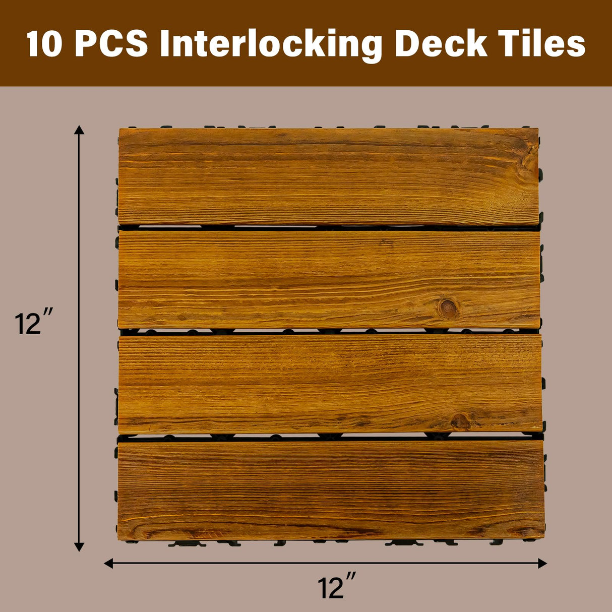 10-Pack 12"x12" Interlocking Acacia Wood Deck Tiles – 4 Slats Waterproof Outdoor Flooring for Patio, Balcony & Backyard FROM ONE