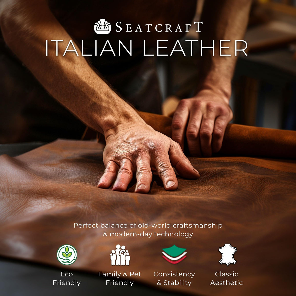 Seatcraft Concerto Heat & Massage, Italian Leather Loveseat w/Storage Console, Power Headrest, Power Recline, Brown Seatcraft