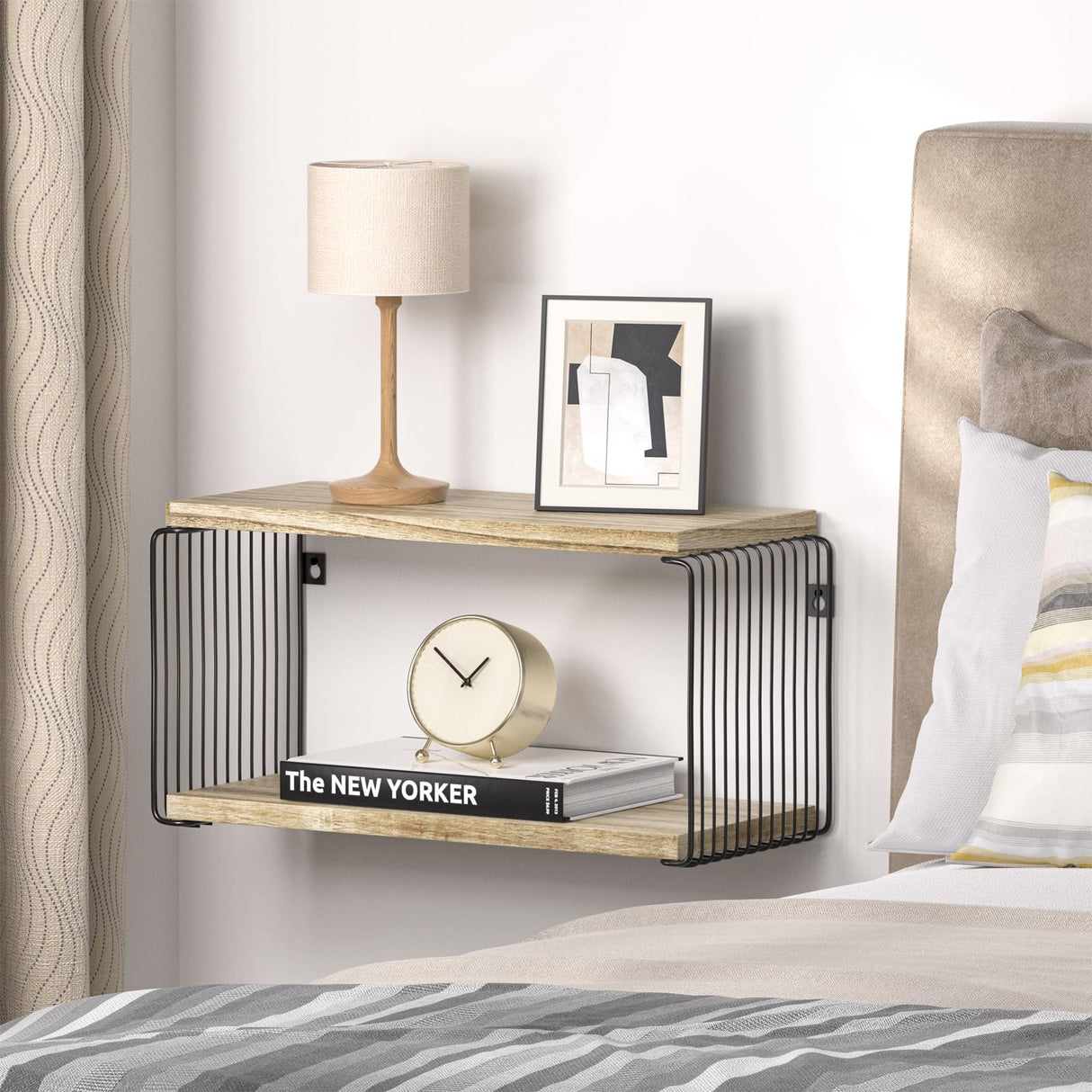 Adowes Modern Geometric Floating Nightstand - 2 Tier Carbonized Black Wall-Mounted Bedside Table Adowes