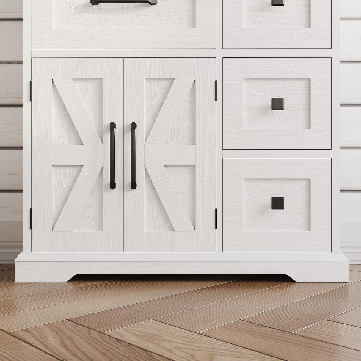 IRONCK Farmhouse Storage Cabinet, Bathroom Floor Cabinet with 4 Drawers & Shelves, 31.5" Wide Kitchen Pantry Cabinet, Adjustable Shelf, Barn Doors, Bathroom, Kitchen,White/Walnut IRONCK