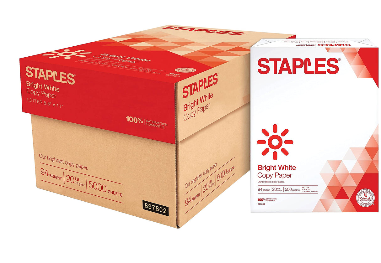 Staples Select Copy Paper, 8.5" x 11", 20 lbs., White, 500 Sheets/Ream, 10 Reams/Carton (20472) STAPLES