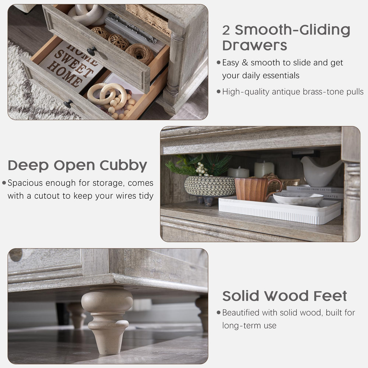 T4TREAM 24'' Farmhouse End Table w/4 Solid Wood Feet, Large 2 Drawers Wide Sofa Side Table with Charging Station, Tall Rustic Wood Square Nightstand for Living Room, Bedroom, Office, Light Rustic Oak T4TREAM