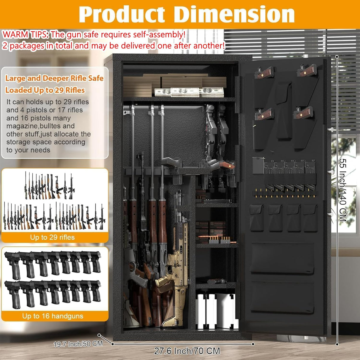 TTSITG Large Rifle Safe, 30-40 Gun Safe for Rifle and Shotgun/Rifle Pistol Rack/Storage Pocket/Removable Shelf/Silent Mode/External Battery/LED,180° Open Door Panel Organizer Gun Safe Unassembled TTSITG