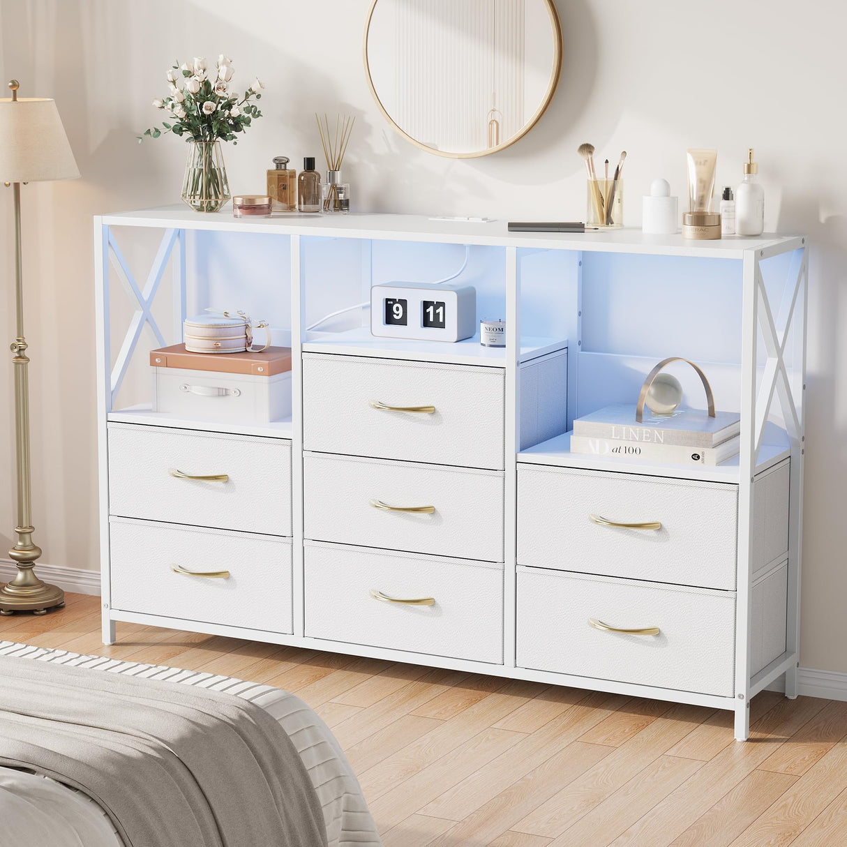 Decofy Dresser for Bedroom with Power Outlets and LED Lights, 7 Drawers TV Stand Dresser for 65 Inch TV, Chest of Drawers with Open Shelf, Wide White Dresser, ๐๐ ๐๐๐๐ญ๐ก๐๐ซ, for Bedroom, Closet Decofy