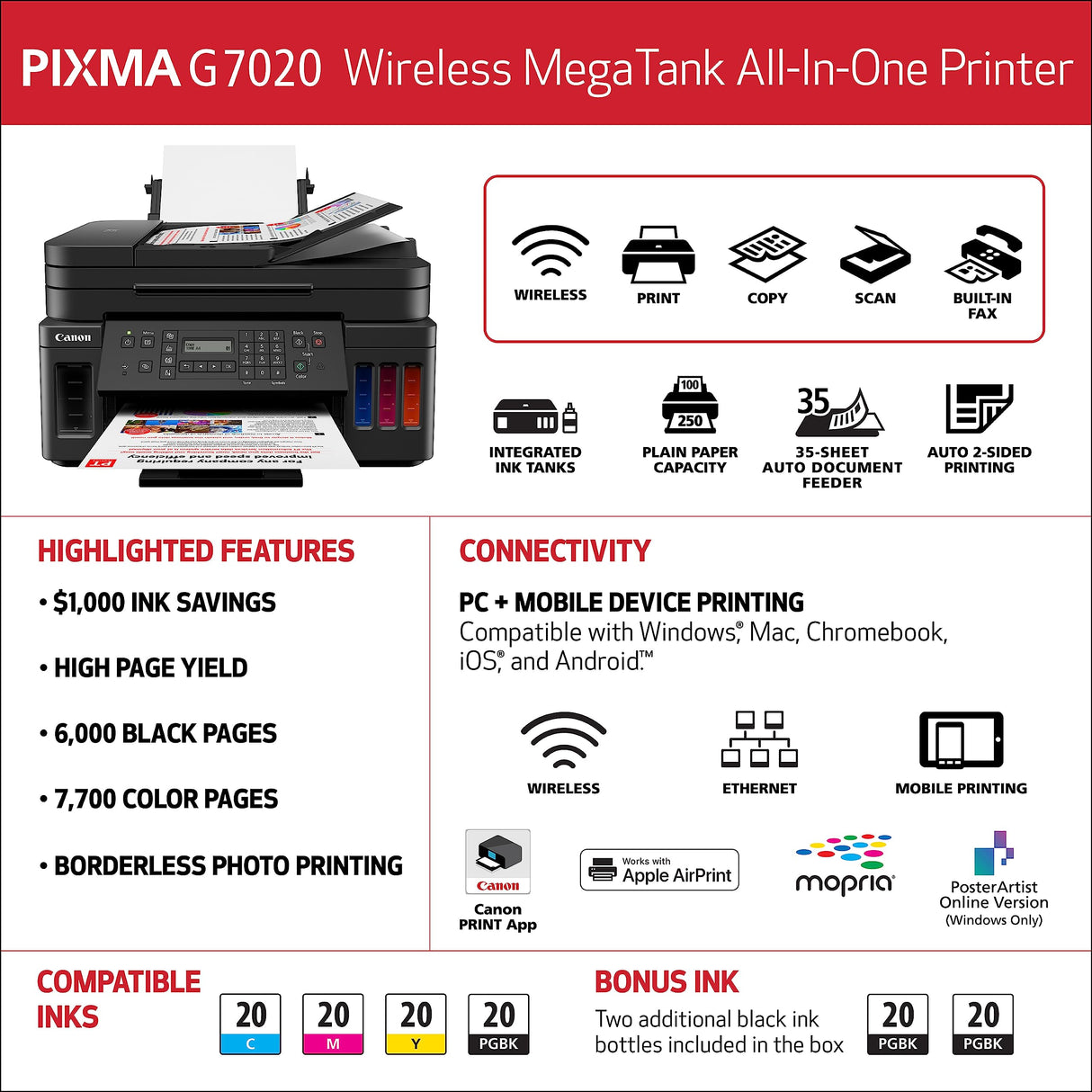 Canon G7020 All-in-One Printer Home Office | Wireless Supertank (Megatank) Printer | Copier | Scan, | Fax and ADF with Mobile Printing, Black, Works with Alexa Canon
