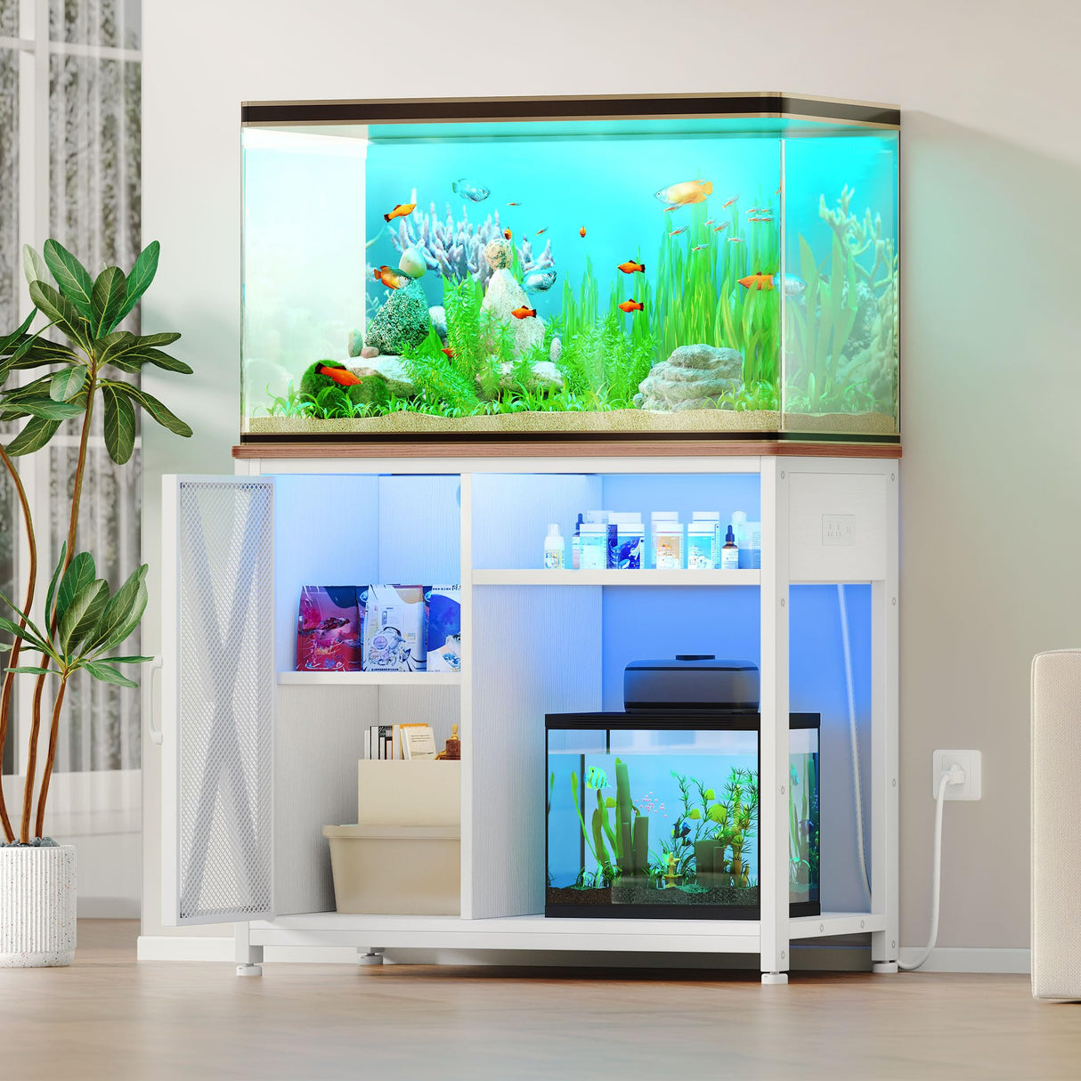 YITAHOME Fish Tank Stand with Power Outlets & LED Light, 40-50 Gallon Metal Aquarium Stand with Cabinet for Fish Tank Accessories Storage for Turtle Tank, Reptile Terrarium, 660LBS Capacity, White YITAHOME