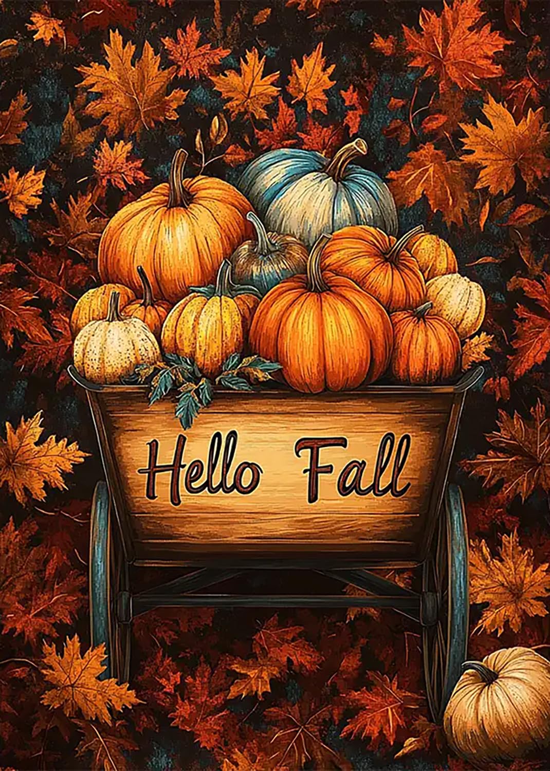 Hello Fall Pumpkin Leaf Cart Diamond Art Kits for Adults, 5D Diamond Painting Kits for Adults Beginners, DIY Full Round Drill Diamond Dot Painting Gem Art Kits for Adult,Home Wall Decor 11.8x15.7 Inch VCLKDIY