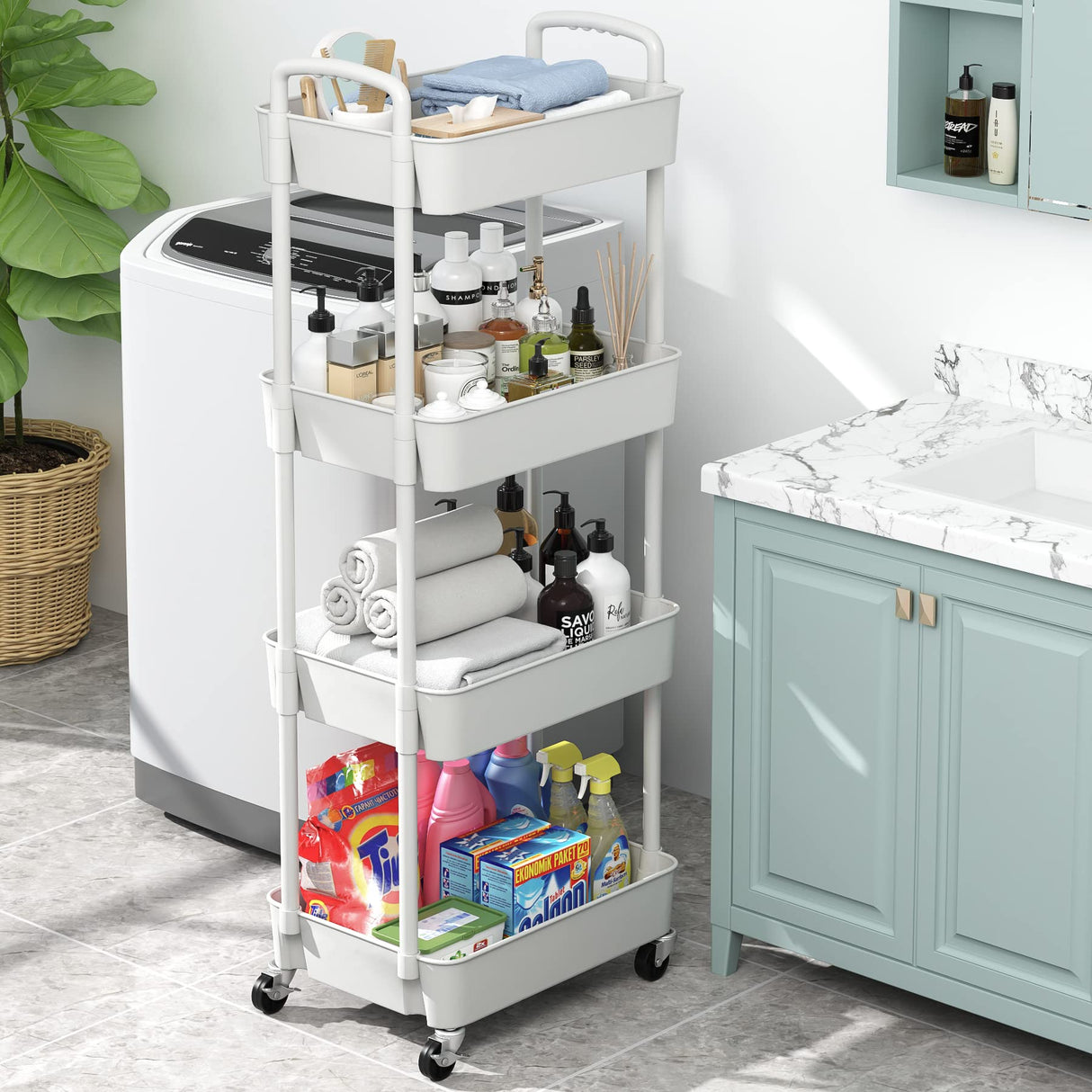 Sywhitta 4-Tier Plastic Rolling Utility Cart with Handle, Multi-Functional Storage Trolley for Office, Living Room, Kitchen, Movable Storage Organizer with Wheels, White Sywhitta