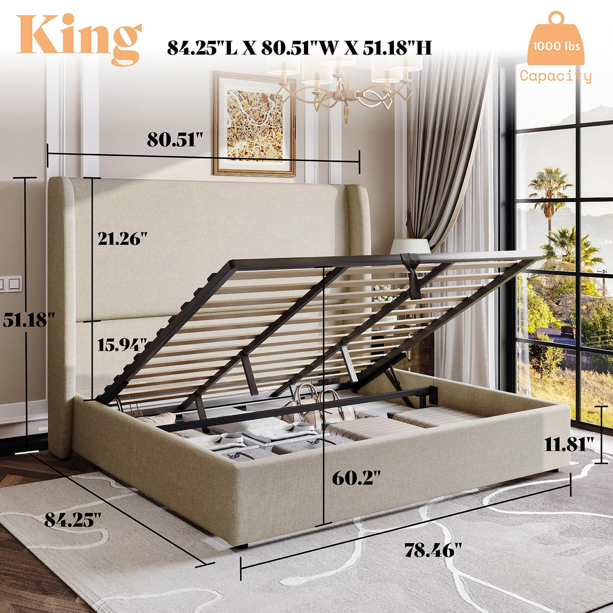 AMERLIFE Lift Up Storage Bed King Size Linen Upholstered Platform Bed Frame, Hydraulic Storage,Modern Wingback Headboard, No Box Spring Needed, Khaki AMERLIFE