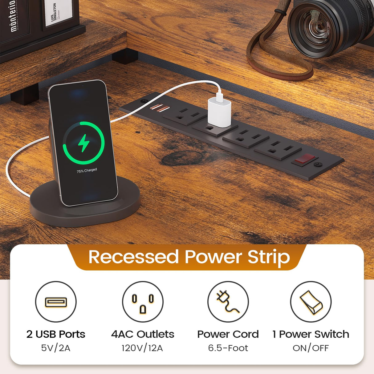 SEDETA L Shaped Desk with 6 Drawer, 108" Home Office Desk with File Drawer & Power Outlet, Corner Computer Desk with Monitor Shelf, Two Person Desk, Gaming Desk with Led Lights, Rustic Brown SEDETA