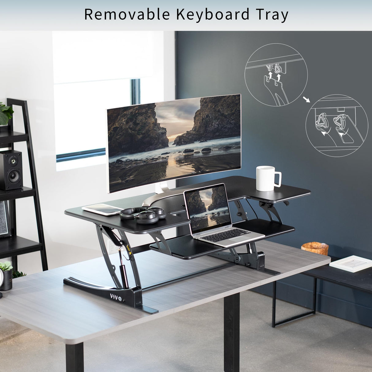 VIVO 48 inch Height Adjustable Large Stand Up Desk Converter, V Series, Quick Sit to Stand Tabletop Dual Monitor Riser Workstation, Black, DESK-V048V VIVO