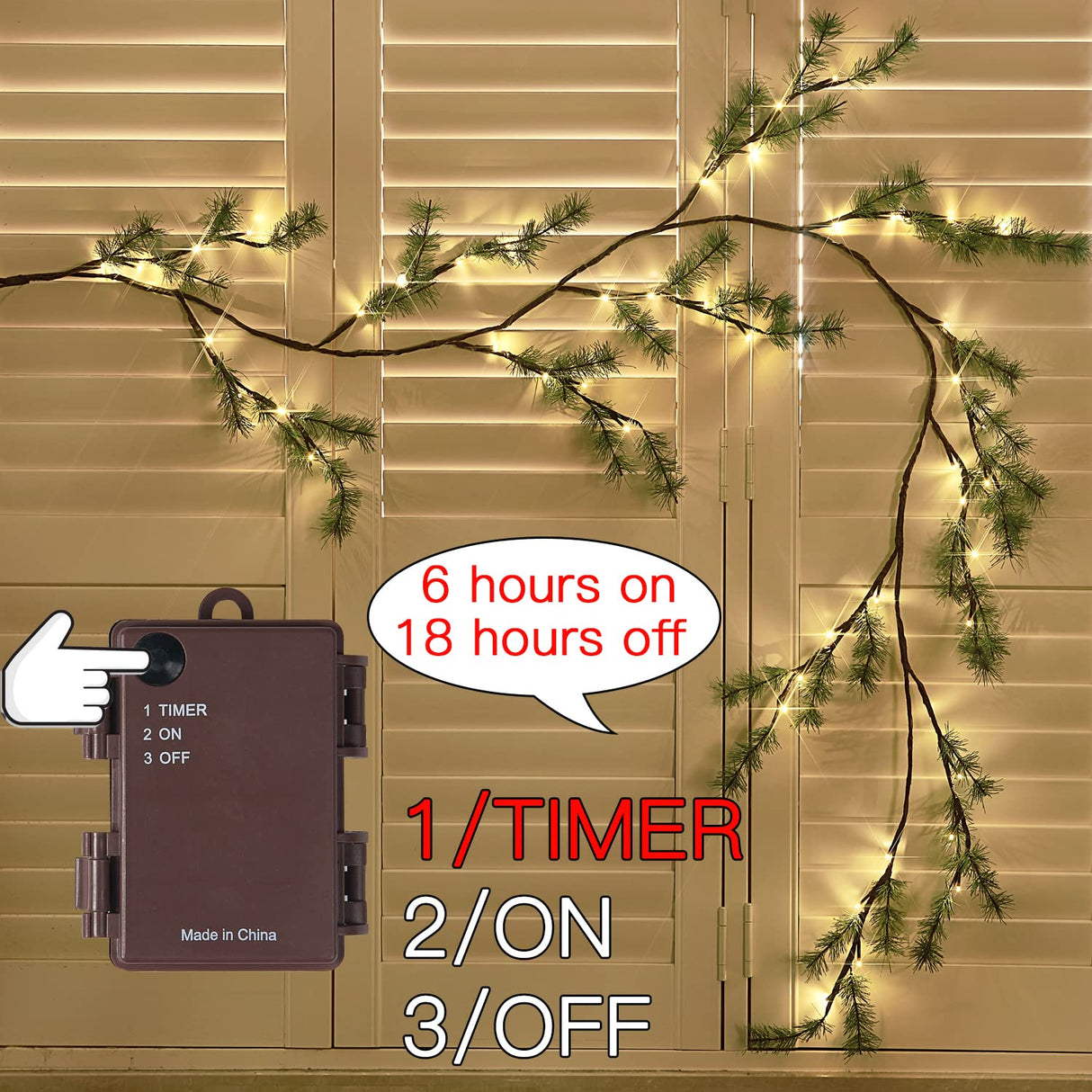 Fudios Lighted Christmas Pine Garland 6FT 48 Warm White LED Battery Operated with Timer for Mantle Fireplace Holiday Winter Decoration Indoor Outdoor Use Fudios