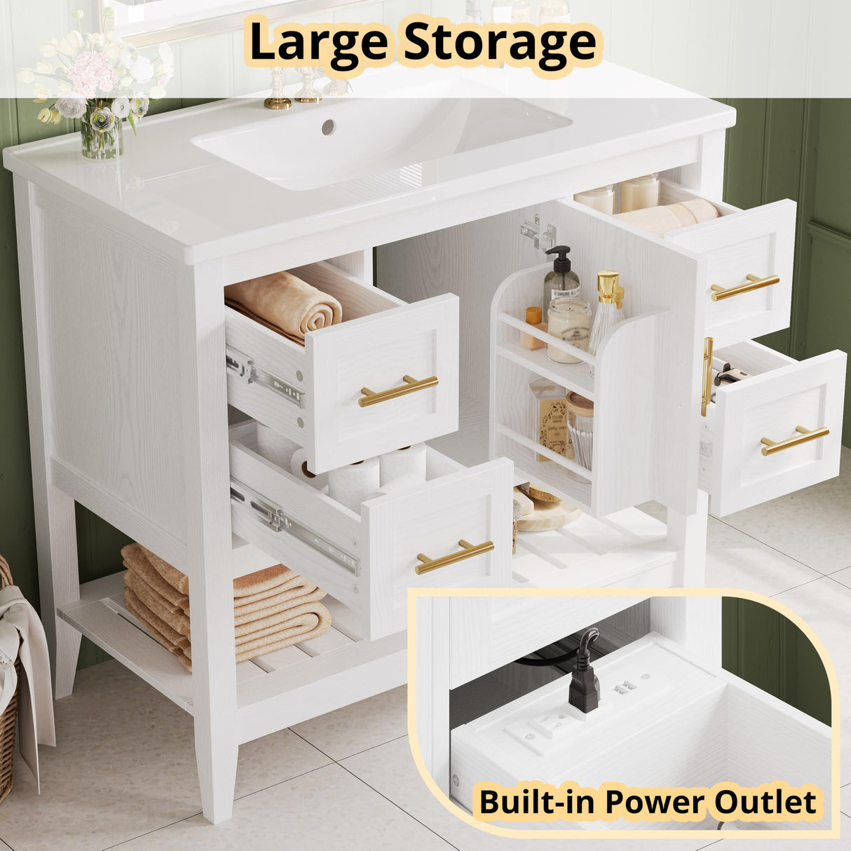 IRONCK Bathroom Vanity with Sink, 36" Modern Undermount Bathroom Sink Cabinet with 4 Drawers&Open Shelf, Vanity Sink with Charging Station and Door Shelves, White IRONCK