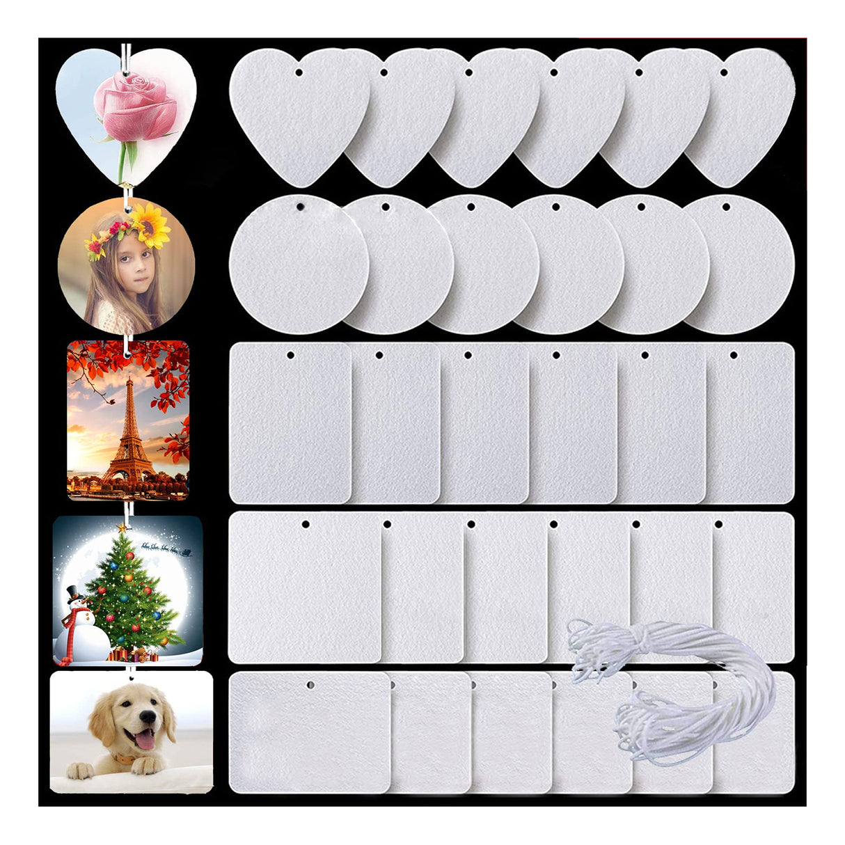 Twavang 30Pcs Sublimation Air Freshener Blanks 5 Styles Car Scented Hanging Sheets DIY Sublimation Air Freshener Set with 30Pcs Self Adhesive Bags and Elastic Rope for Home and Car Decoration Twavang