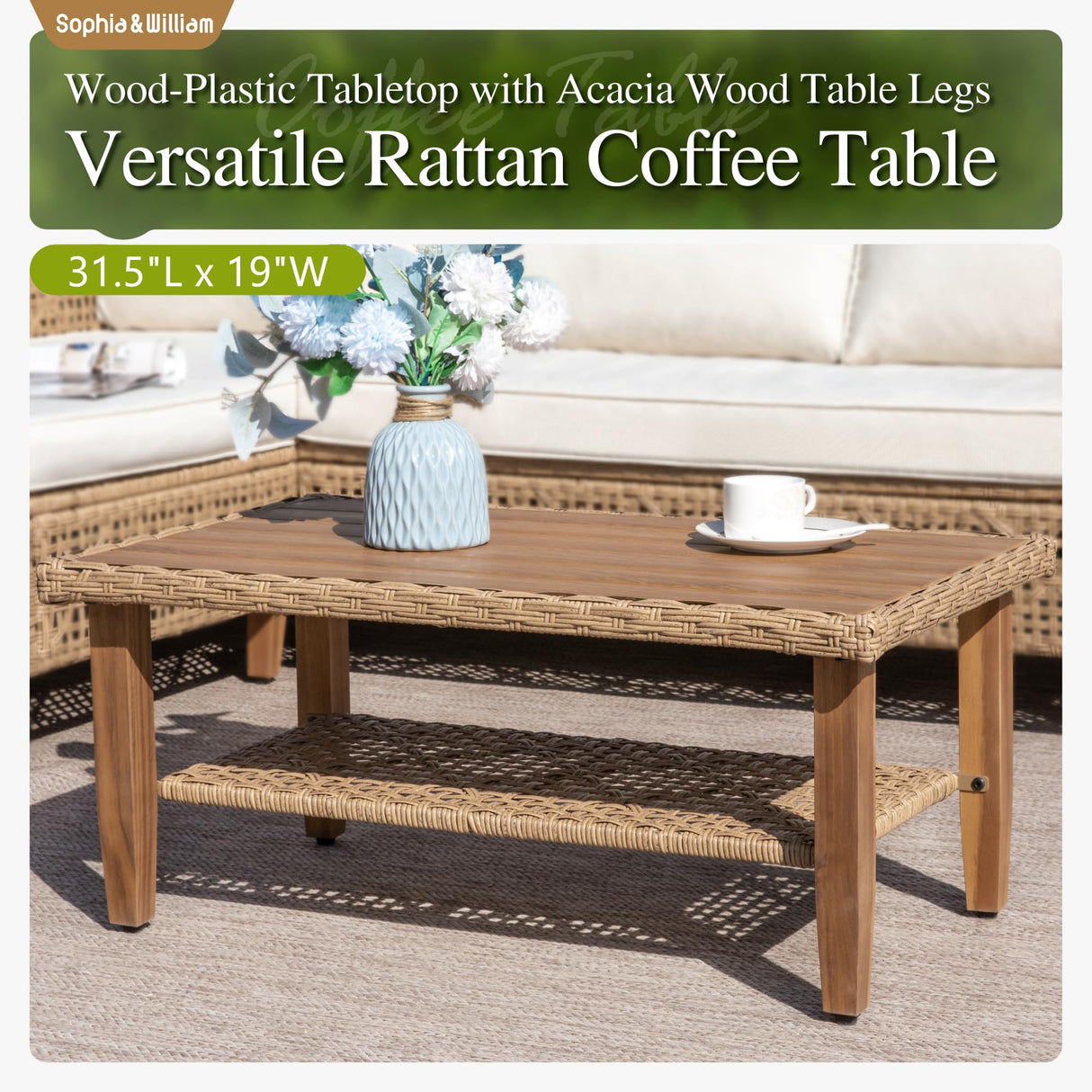 Sophia and William Boho Wicker Patio Furniture Set Outdoor Rattan Sectional Sets Conversation Set - Weather-Resistant, with Dual Storage Coffee Table Acacia Wood Legs for Garden, Patio & Deck(Beige) Sophia & William