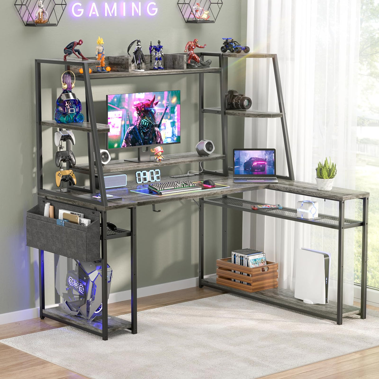 armocity L Shaped Gaming Desk with Hutch & Shelves, 47'' Gaming Computer Desk with LED Lights & Outlets, PC Gaming Desk with Storage & Monitor Stand, Grey Oak armocity