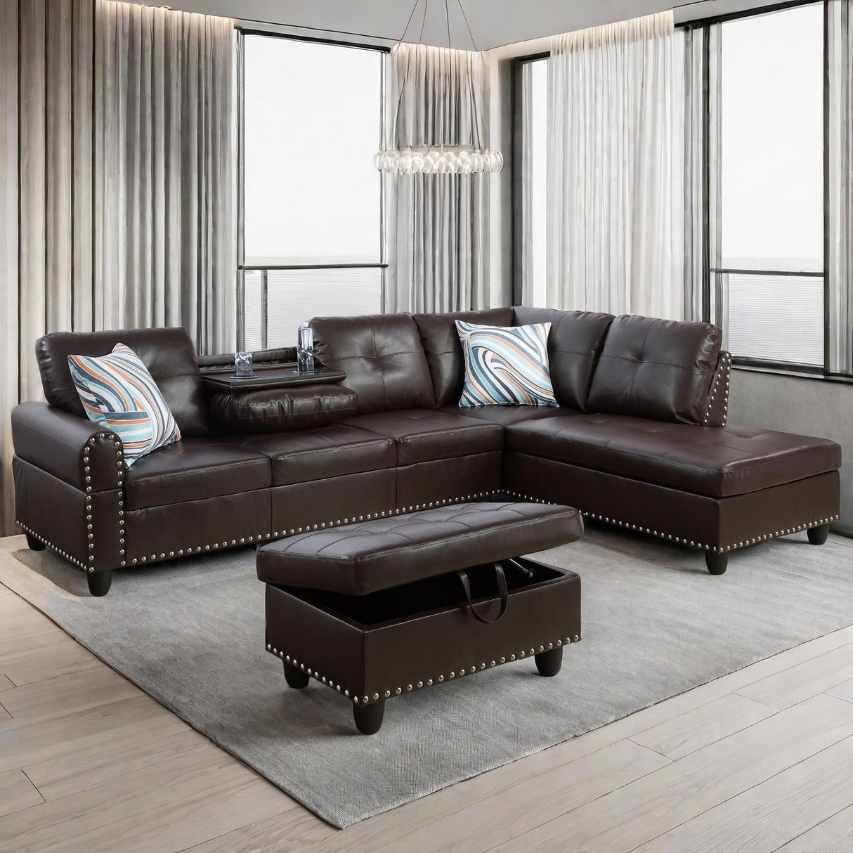 GlasFlength L Shaped Sectional Couch with Ottoman, Modern Leather Modular Sectional Sofa with Cup Holder, Nail-Head Design L Shaped Couch for Living Room, Bedroom, Brown GlasFlength