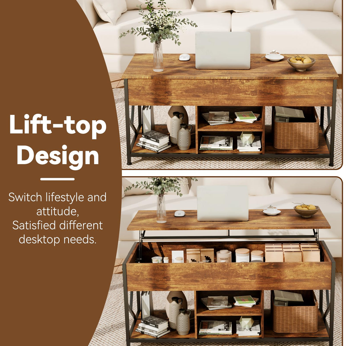 Coffee Tables for Living Room, 47.2 inches Lift Top Coffee Table with Storage, Farmhouse Modern Rustic Brown Living Room Tables EDWINENE