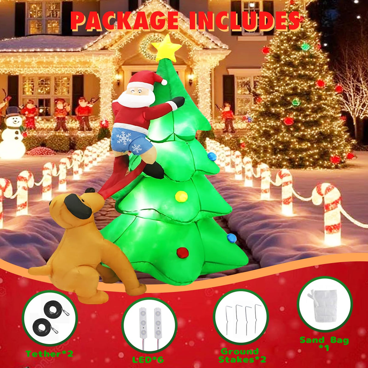 PIPIMOUSE 6FT Christmas Inflatables Tree Outdoor Decoration with LED Lights, Santa Claus Chased by Dog Inflatable Christmas Tree Blow Up Yard Decoration for Patio Lawn Garden Xmas Party Decor PIPIMOUSE