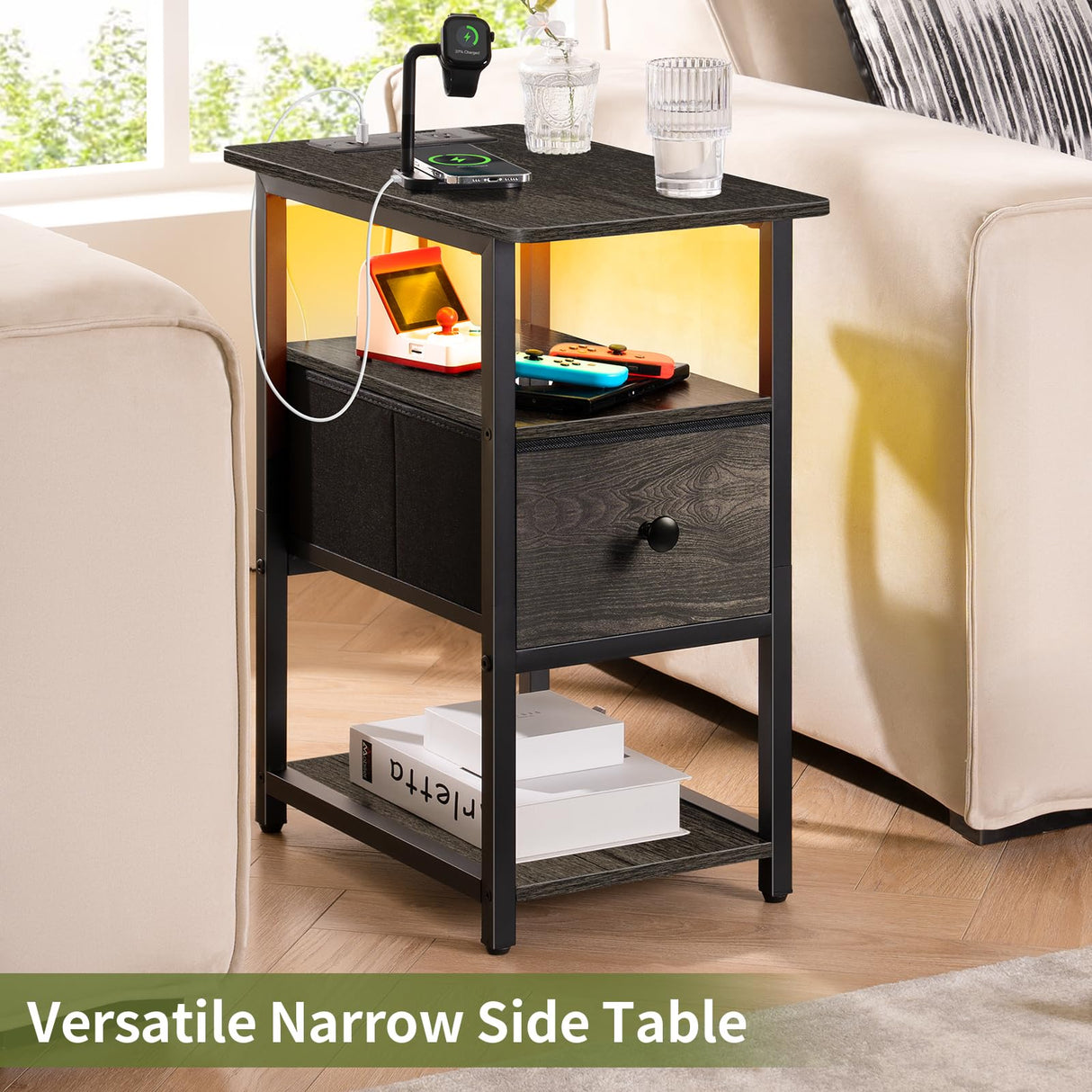 Yoobure End Table with Charging Station, Narrow Side Table with Adjustable Fabric Drawer, 3-Tier End Tables Living Room, Small Nightstand with Outlets, LED Skinny Night Stand for Bedroom Small Spaces Yoobure