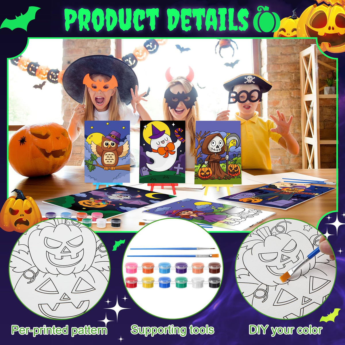 Blosssound 10 Set Halloween Pre Printed Canvas Pre Drawn Canvas Painting with Easel Kits 5" x 7" Outline Painting Panels for Beginners, DIY Craft Project, Party Favor, Home Decors Blosssound