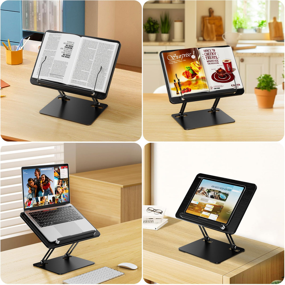 BESIGN BS01 Book Stand for Reading, Adjustable Book Holder, Ergonomic Laptop Stand with Elastic Page Clips for Music Scores, Recipe, Tablet, Laptop (Black) BESIGN