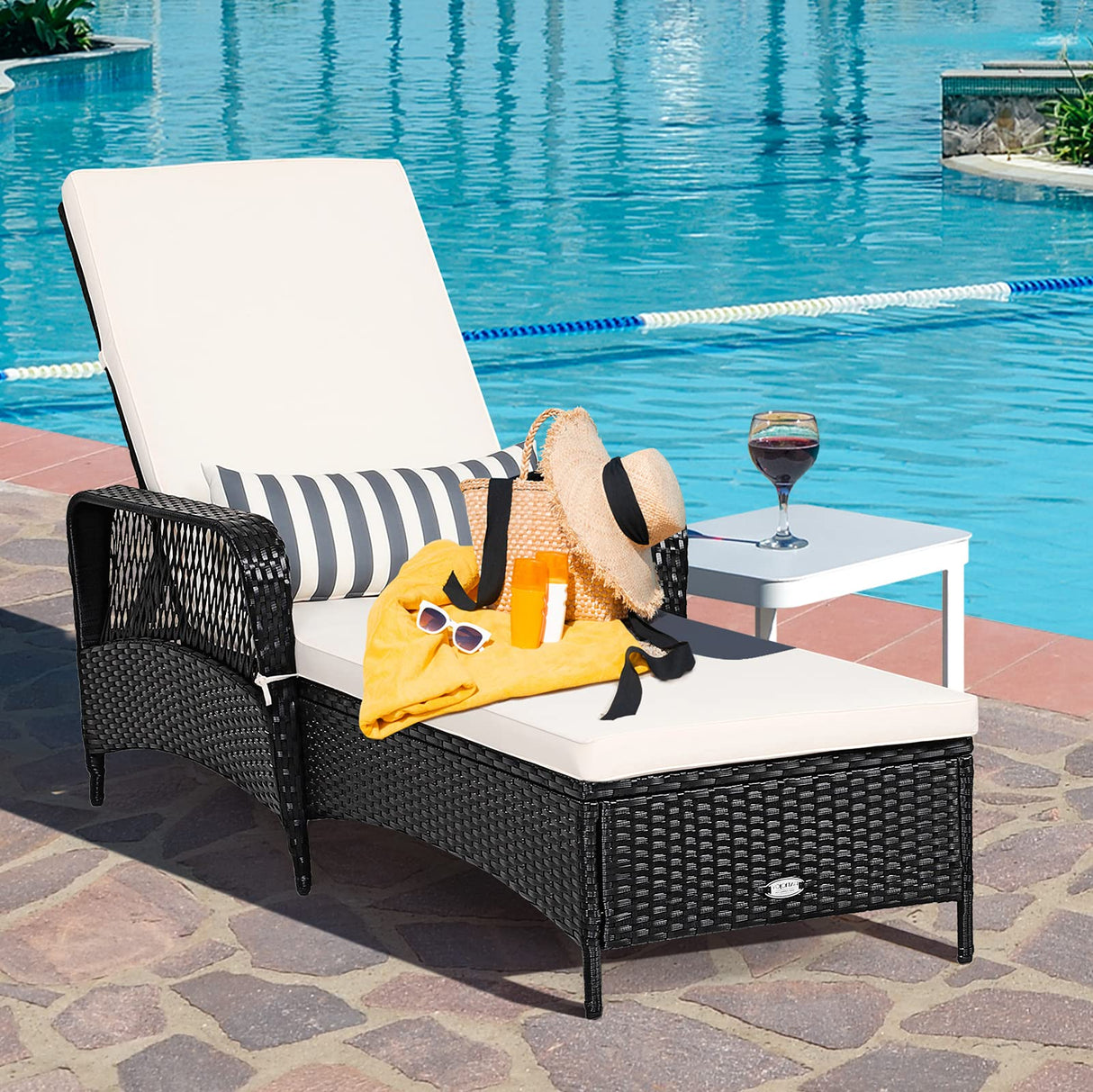 Tangkula Patio Wicker Chaise Lounge Chair, Outdoor Rattan Reclining Chaise w/ 6-Gear Adjustable Backrest, Thick Padded Cushion & Removable Lumbar Pillow, Ideal for Lawn, Beach, Balcony (Black) Tangkula