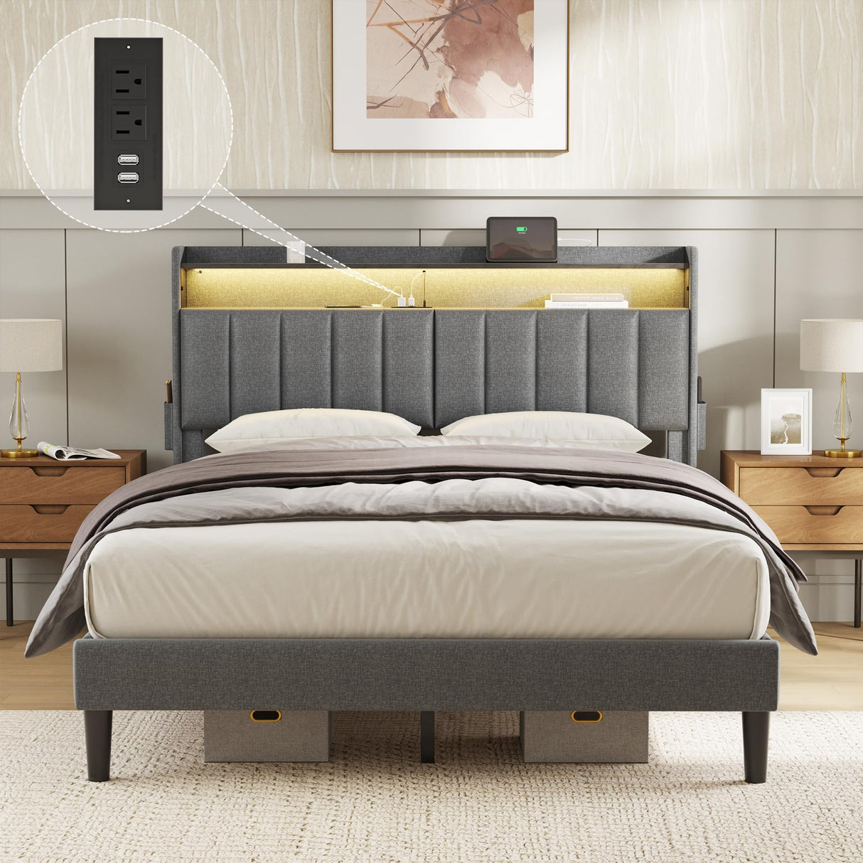Modern Upholstered FYRENA Queen Bed Frame with Storage Headboard, LED Lights, USB Ports & Strong Wood Slats Support FYRENA